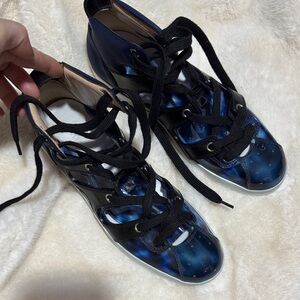 Emporio Armani Blue Patent Lace-Up Sneakers with Black Trim